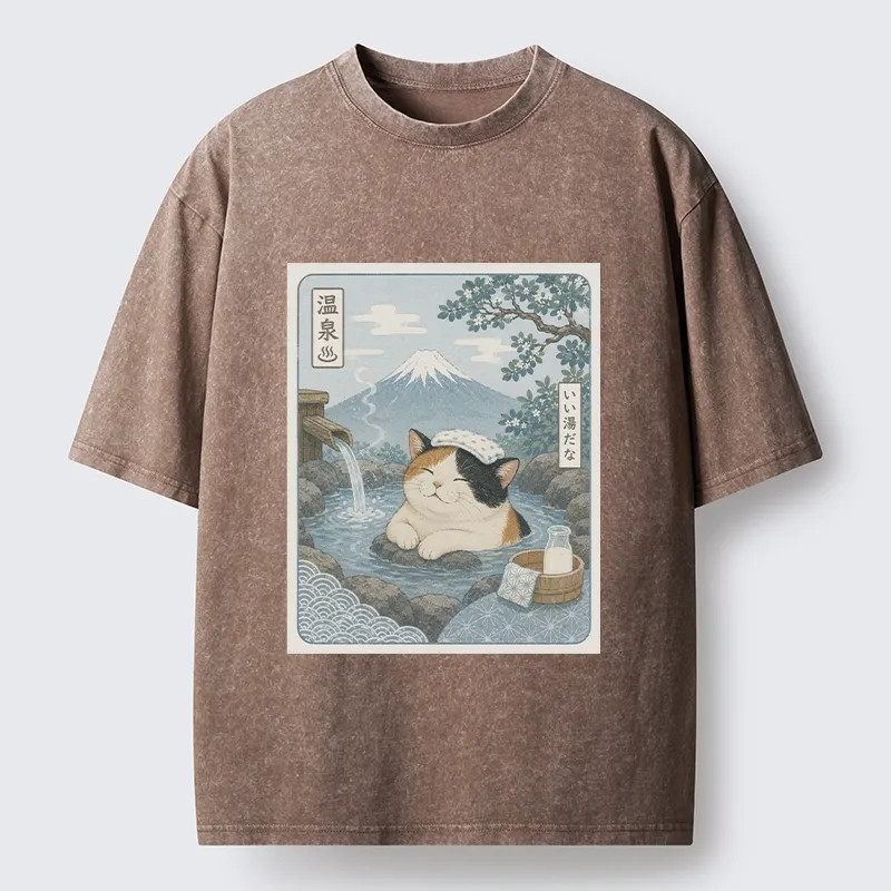 Tokyo-Tiger Mount Fuji Onsen Cat Calming Art Washed T-Shirt