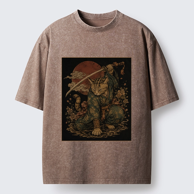 Tokyo-Tiger Samurai Cat Sword Floral Japanese Art Washed T-Shirt