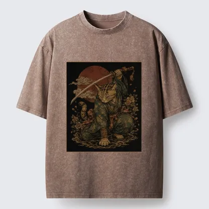 Tokyo-Tiger Samurai Cat Sword Floral Japanese Art Washed T-Shirt