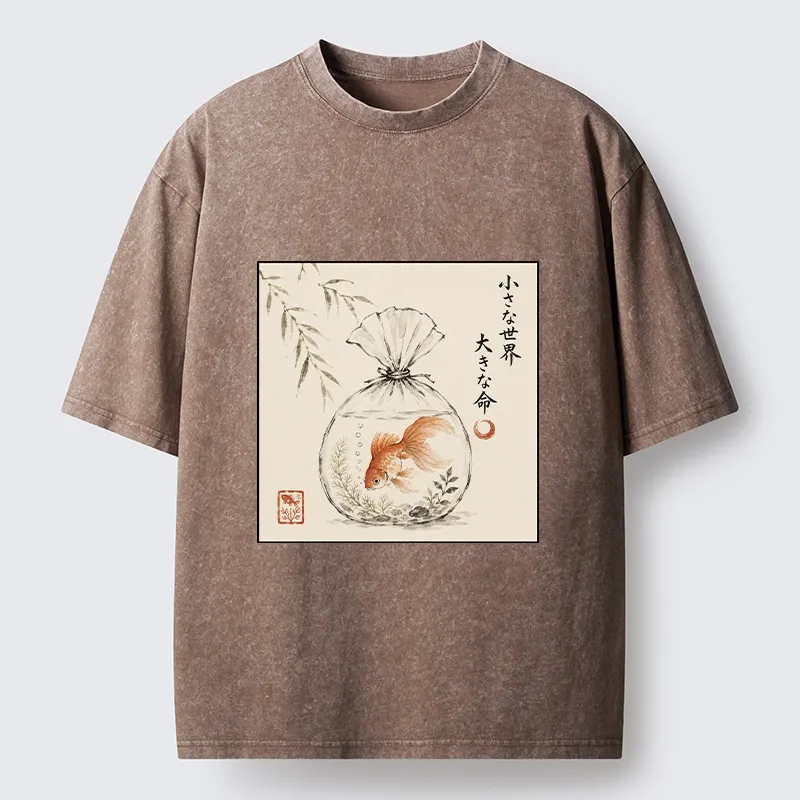 Tokyo-Tiger Goldfish Bag Minimal Ink Art Washed T-Shirt