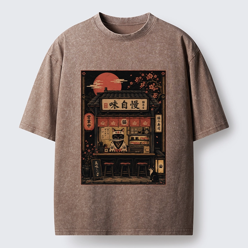 Tokyo-Tiger Cat Sushi Shop Retro Street Art Washed T-Shirt