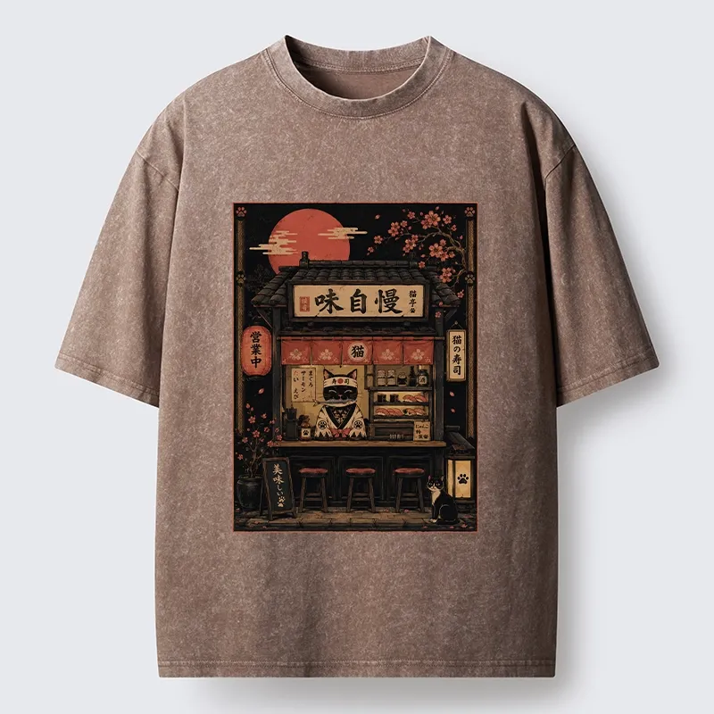 Tokyo-Tiger Cat Sushi Shop Retro Street Art Washed T-Shirt Sale