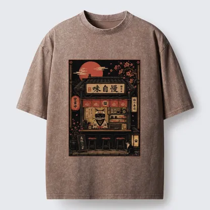 Tokyo-Tiger Cat Sushi Shop Retro Street Art Washed T-Shirt
