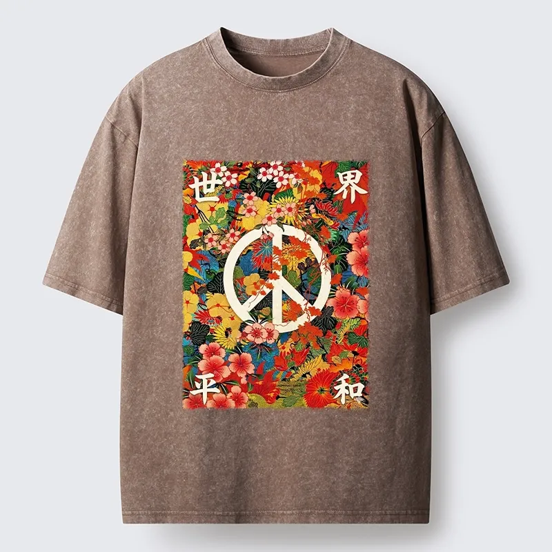 Tokyo-Tiger Bright Blooms Bring Global Calm Peace Washed T-Shirt
