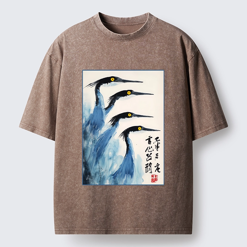 Tokyo-Tiger Brush Strokes Draw Graceful Water Birds Washed T-Shirt
