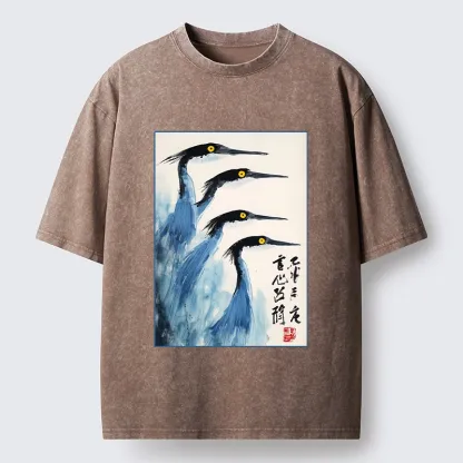 Tokyo-Tiger Brush Strokes Draw Graceful Water Birds Washed T-Shirt