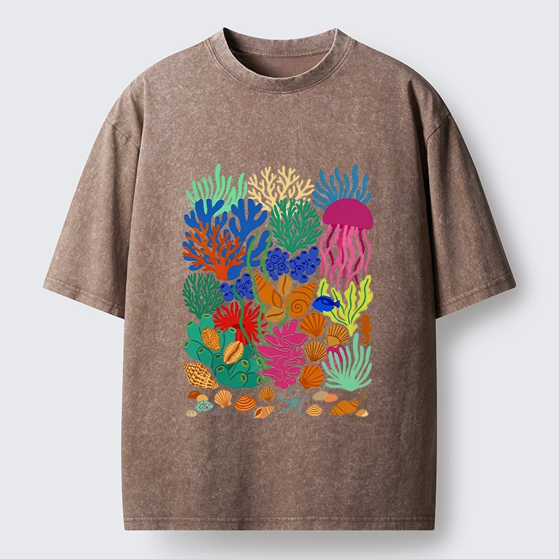 Tokyo-Tiger Bright Sea Garden Full Of Sea Friends Washed T-Shirt