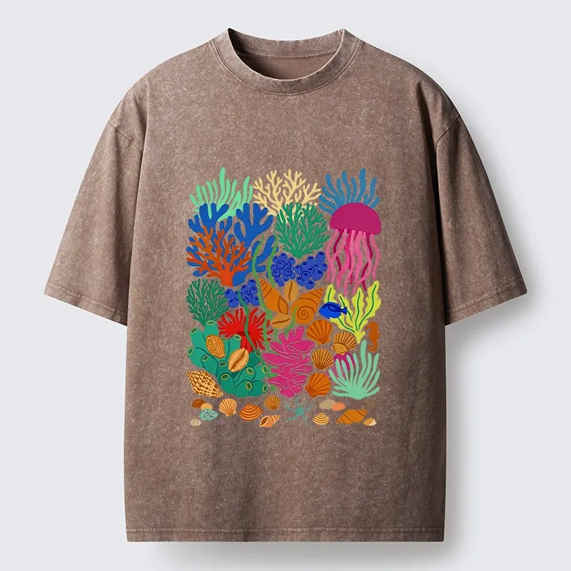 Tokyo-Tiger Bright Sea Garden Full Of Sea Friends Washed T-Shirt