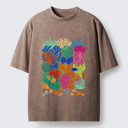 Tokyo-Tiger Bright Sea Garden Full Of Sea Friends Washed T-Shirt