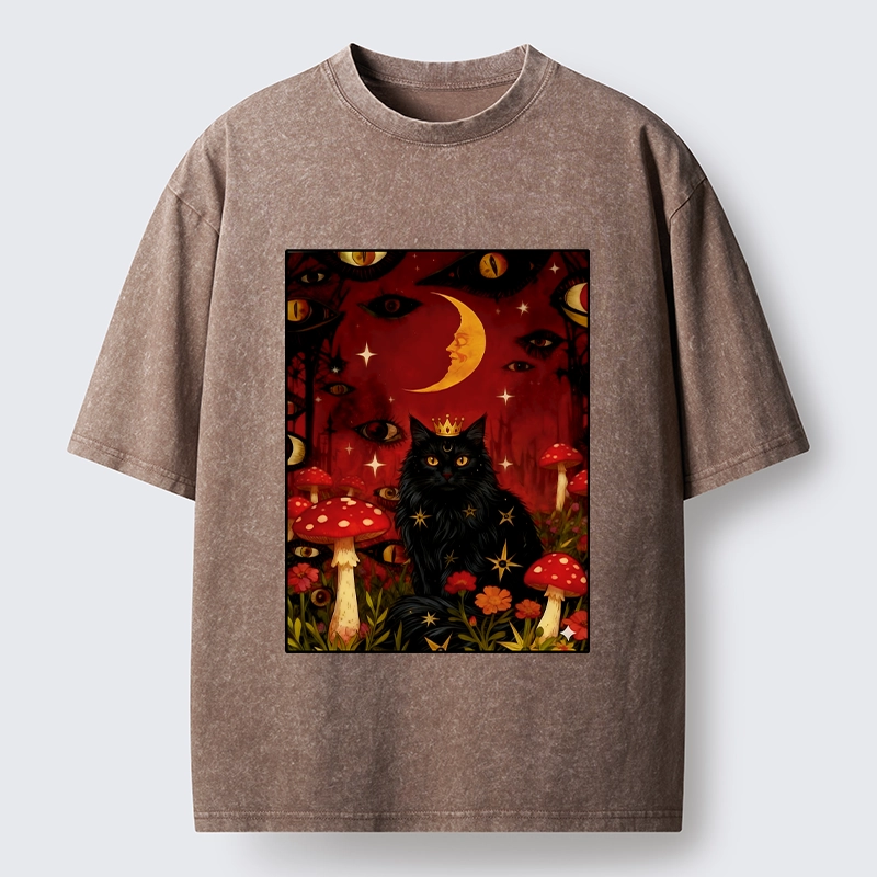 Tokyo-Tiger Mystic Cat Amid Red Spotted Mushrooms Washed T-Shirt