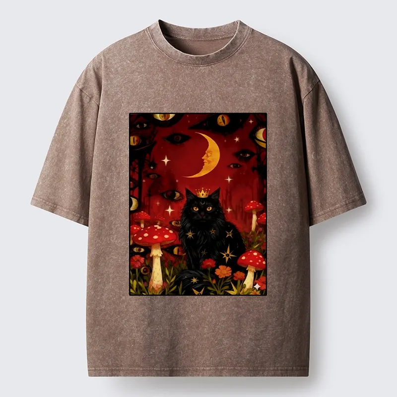 Tokyo-Tiger Mystic Cat Amid Red Spotted Mushrooms Washed T-Shirt