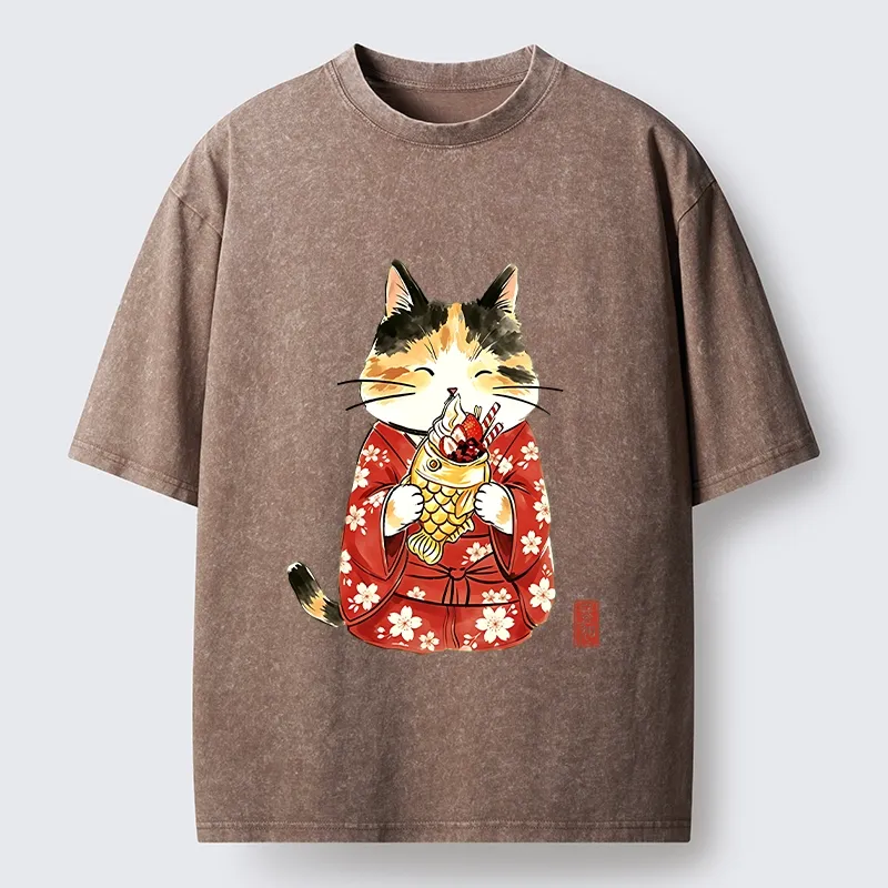 Tokyo-Tiger Enjoying Japanese Taiyaki Washed T-Shirt