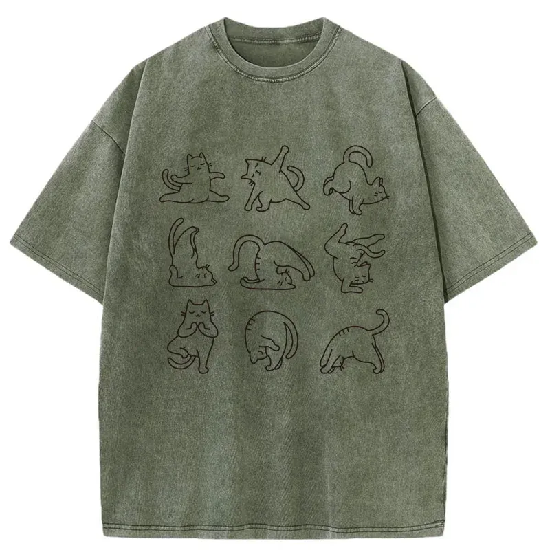 Tokyo-Tiger Cat Pose Yoga Washed T-Shirt