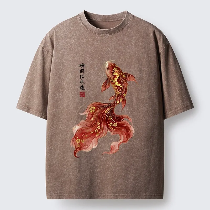 Tokyo-Tiger Golden Sakura Red Koi Ink Art Washed T-Shirt