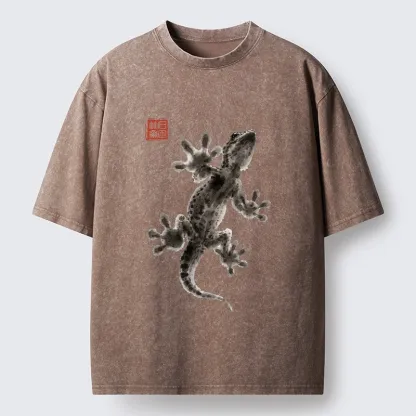 Tokyo-Tiger Minimal Asian Ink Brush Gecko Vibe Washed T-Shirt