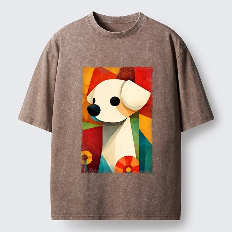 Tokyo-Tiger Retro Abstract Color Block Puppy Art Washed T-Shirt