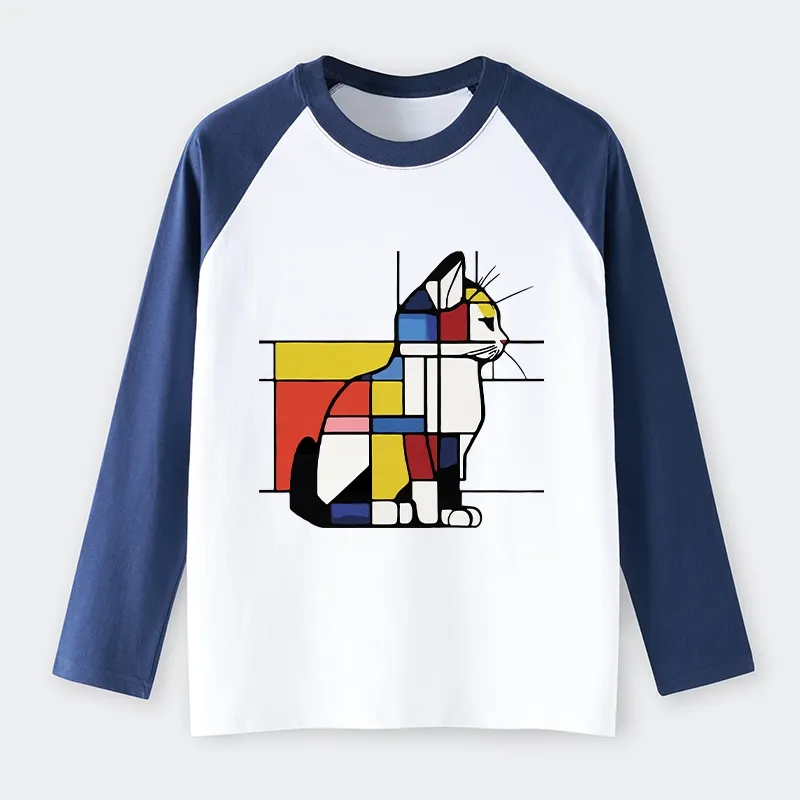 Tokyo-Tiger Geometric Cat Art In Primary Colors Raglan Long Sleeve T-shirt