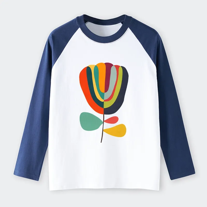 Tokyo-Tiger Colorful Flower Minimalist Print Raglan Long Sleeve T-shirt