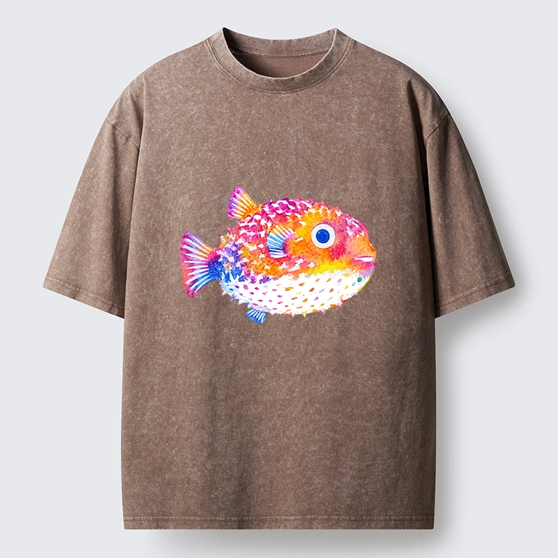 Tokyo-Tiger Rainbow Watercolor Puffer Fish Art Washed T-Shirt