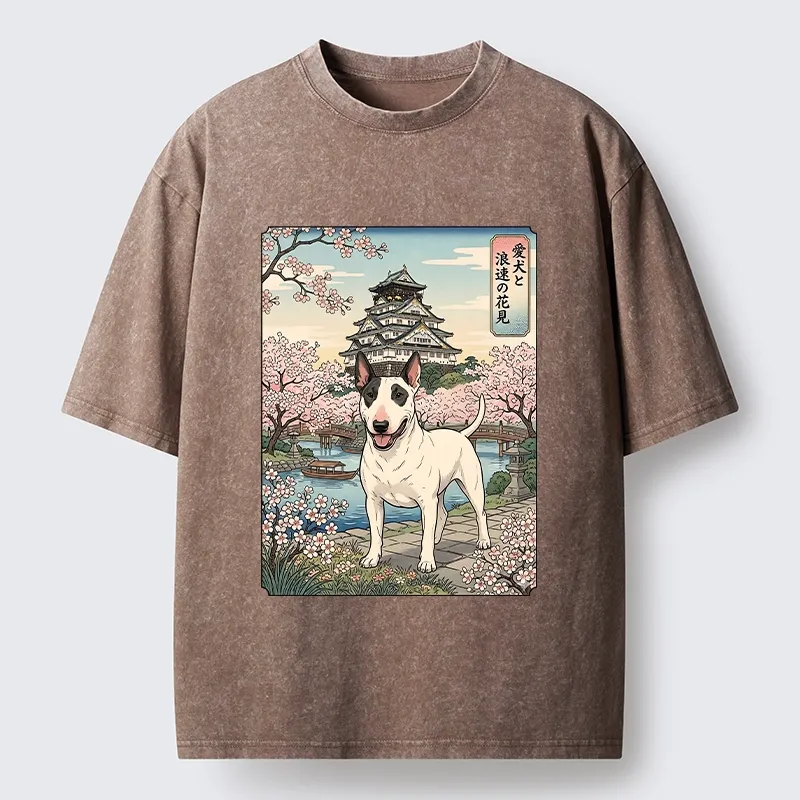 Tokyo-Tiger Ukiyo-e Bull Terrier Cherry Blossom Art Washed T-Shirt