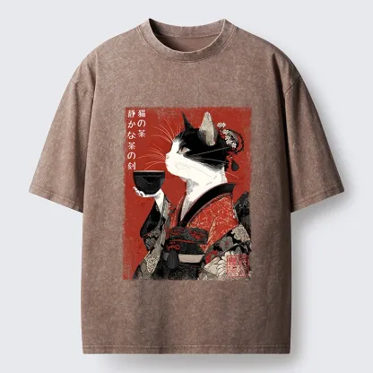Tokyo-Tiger Kimono Tea Cat Red Vintage Ink Art Washed T-Shirt