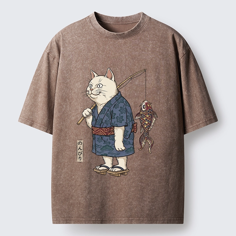 Tokyo-Tiger Kimono Cat Fishing Koi Fish Art Washed T-Shirt
