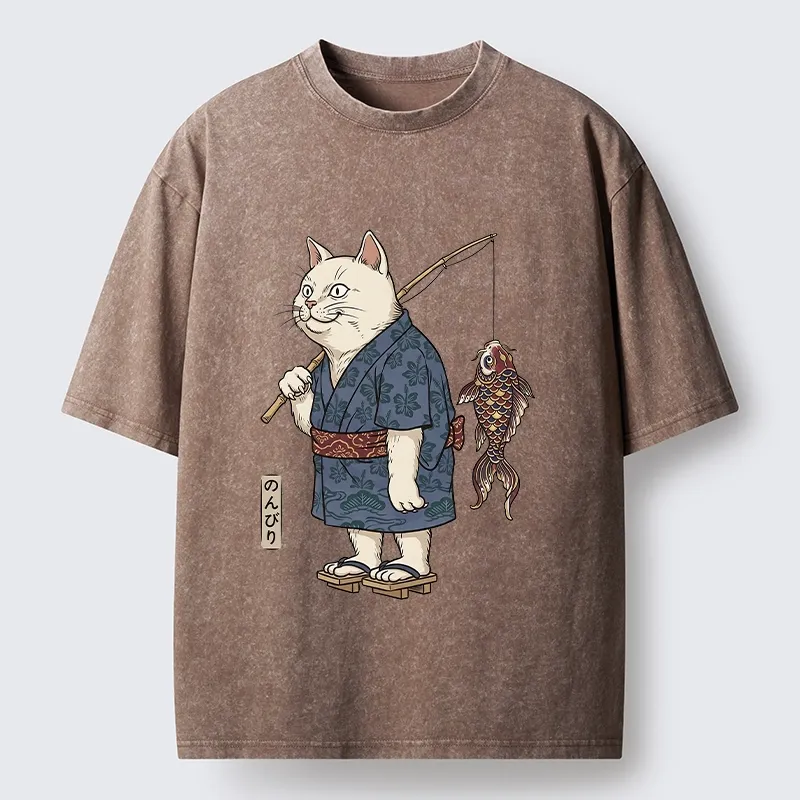 Tokyo-Tiger Kimono Cat Fishing Koi Fish Art Washed T-Shirt