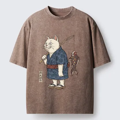 Tokyo-Tiger Kimono Cat Fishing Koi Fish Art Washed T-Shirt