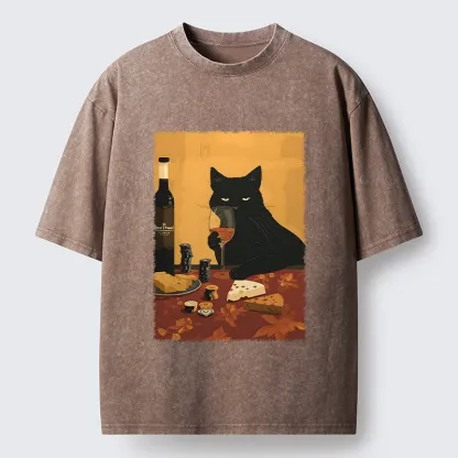 Tokyo-Tiger Chill Black Cat Wine Cheese Art Washed T-Shirt