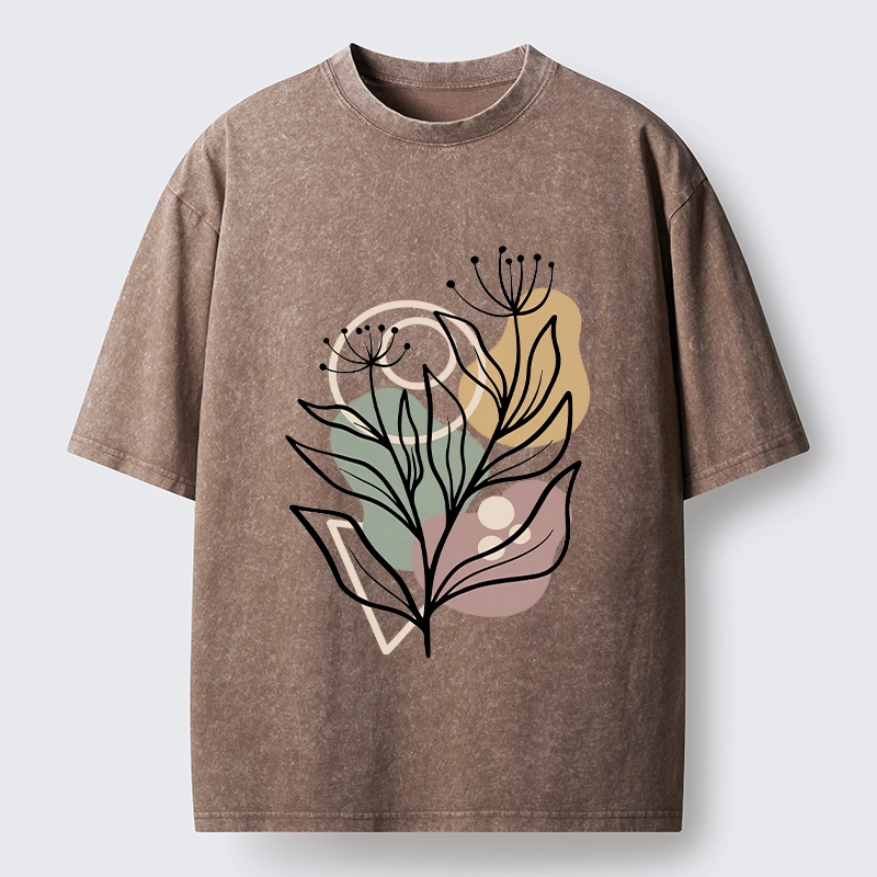 Tokyo-Tiger Soft Boho Floral Line Art Washed T-Shirt