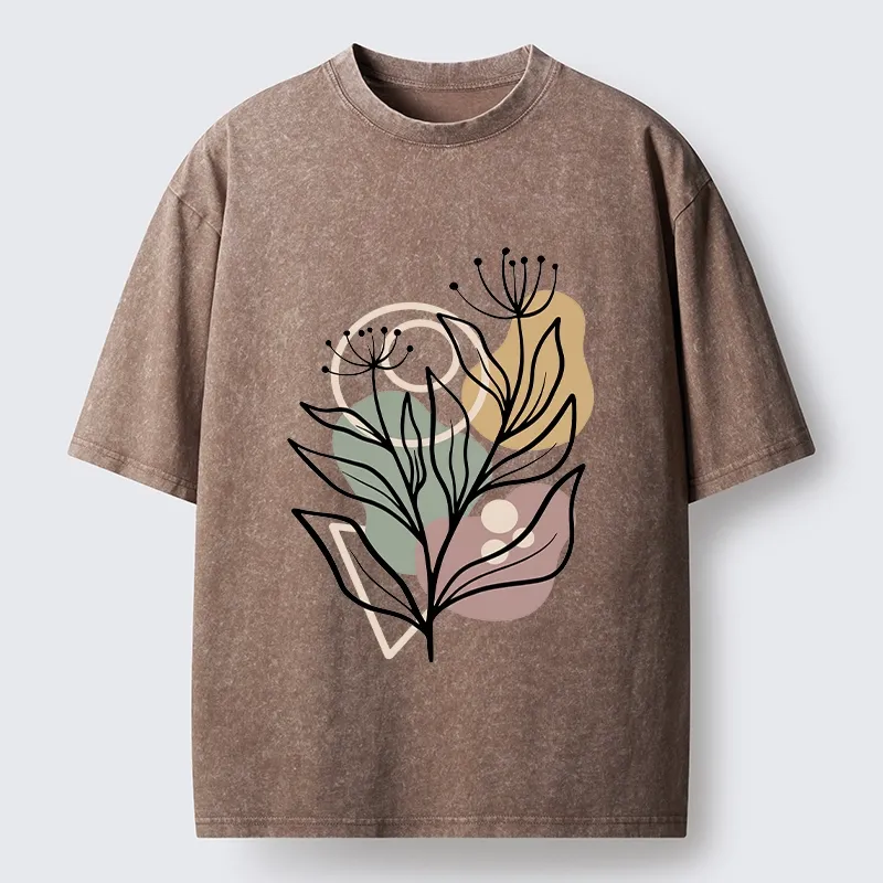 Tokyo-Tiger Soft Boho Floral Line Art Washed T-Shirt