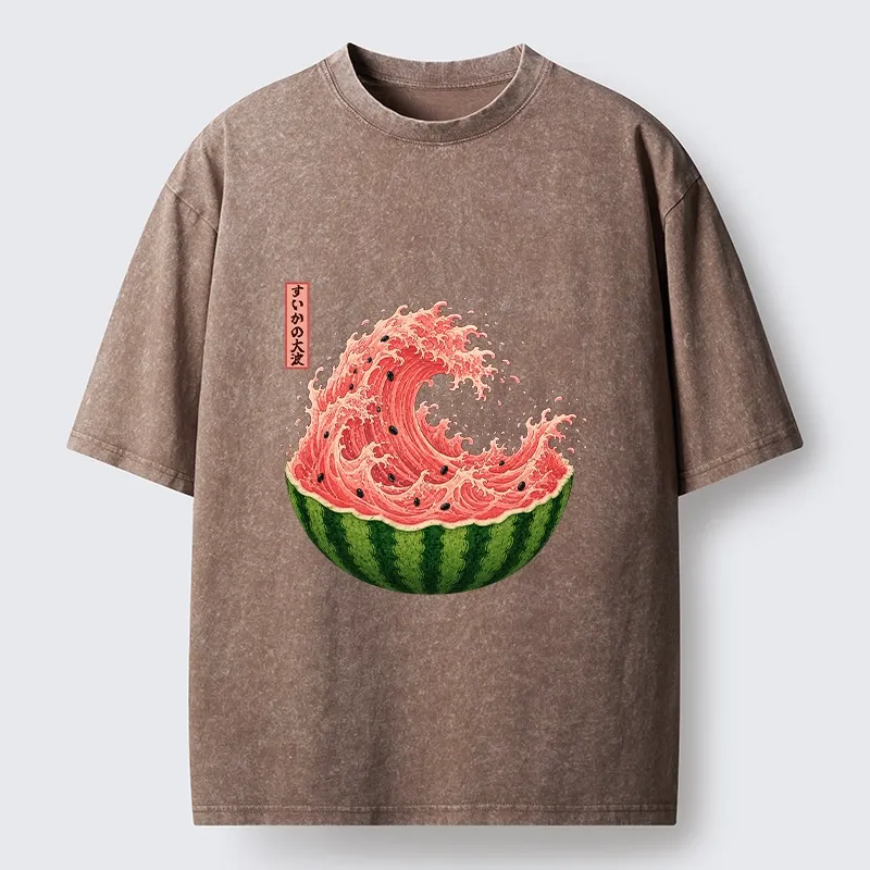 Tokyo-Tiger Watermelon Wave Summer Ukiyo Art Washed T-Shirt