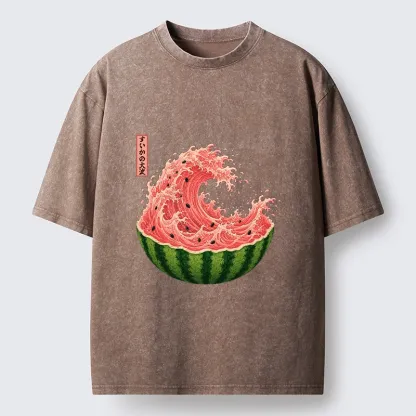Tokyo-Tiger Watermelon Wave Summer Ukiyo Art Washed T-Shirt