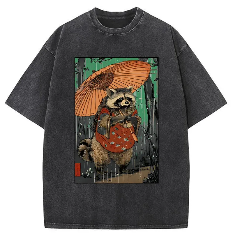 Tokyo-Tiger Cute Raccoon Japanese Washed T-Shirt