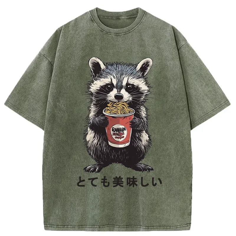 Tokyo-Tiger Cute Raccoon Eating Ramen Washed T-Shirt