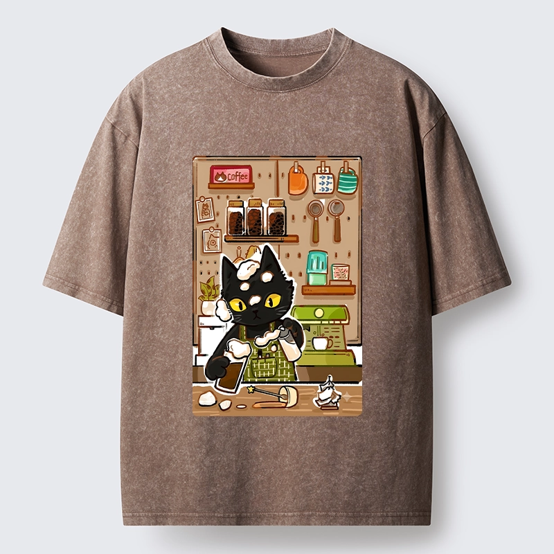 Tokyo-Tiger Black Cat Barista Makes Coffee Foam Washed T-Shirt