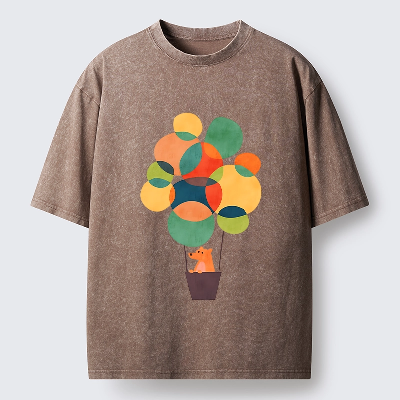 Tokyo-Tiger Bear Rides Colorful Balloon Basket Washed T-Shirt