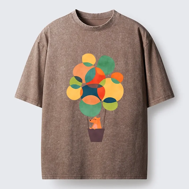 Tokyo-Tiger Bear Rides Colorful Balloon Basket Washed T-Shirt
