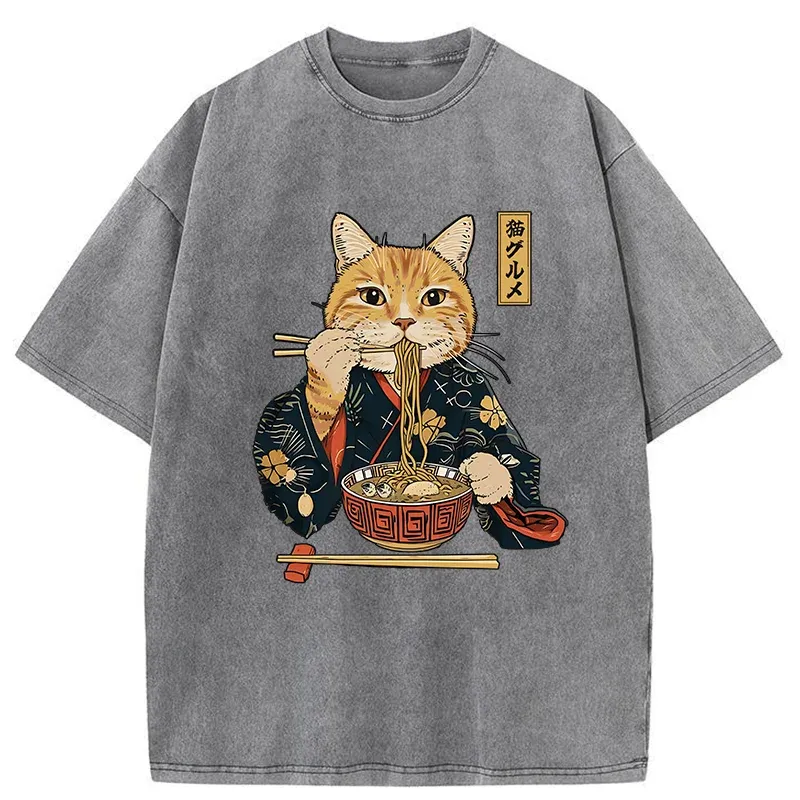 Tokyo-Tiger Elegant Cat Eating Ramen Washed T-Shirt