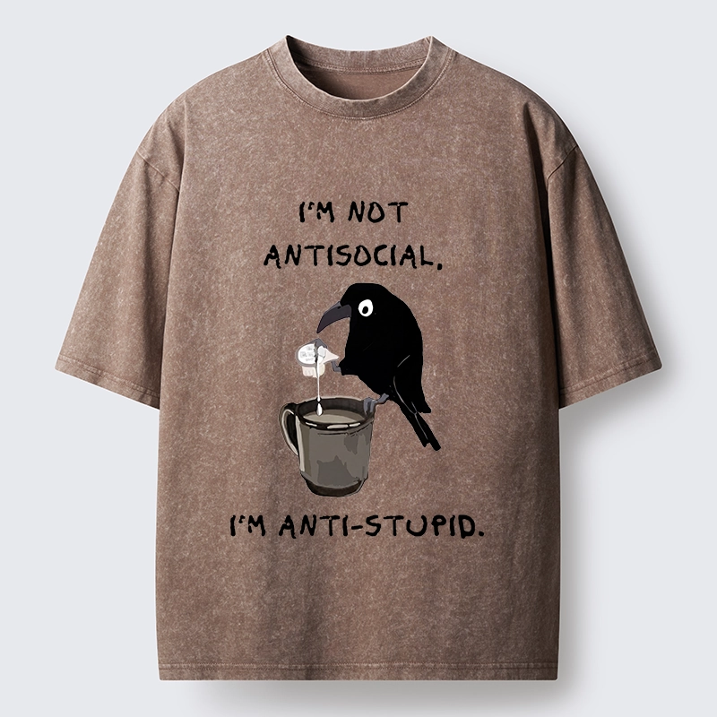 Tokyo-Tiger Cool Crow Sips Calm Coffee Alone Washed T-Shirt
