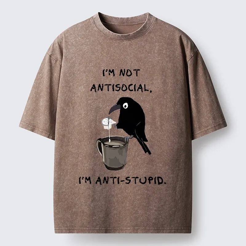 Tokyo-Tiger Cool Crow Sips Calm Coffee Alone Washed T-Shirt
