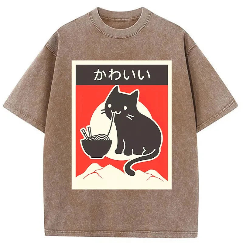 Tokyo-Tiger Kawaii Vintage Ramen Cat Washed T-Shirt