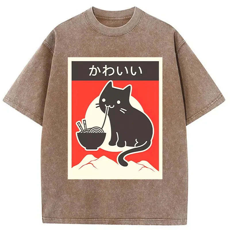 Tokyo-Tiger Kawaii Vintage Ramen Cat Washed T-Shirt Sale