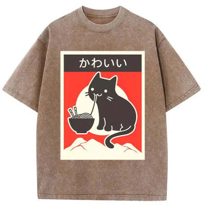 Tokyo-Tiger Kawaii Vintage Ramen Cat Washed T-Shirt