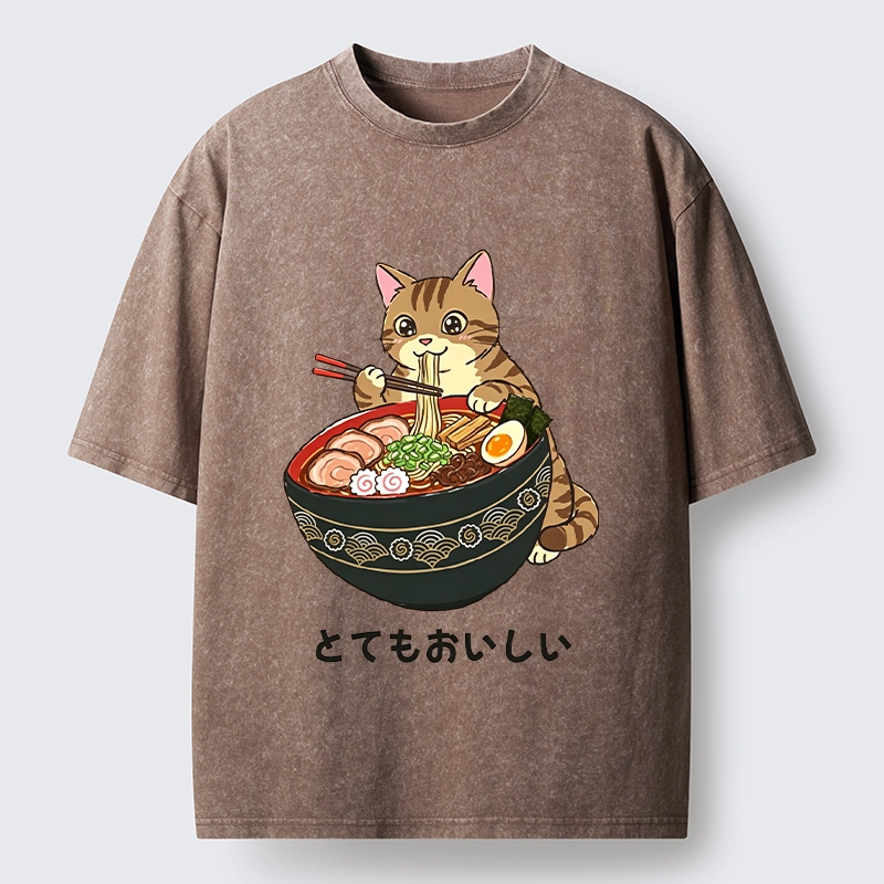 Tokyo-Tiger Cat Eat Delicious Hot Ramen Washed T-Shirt