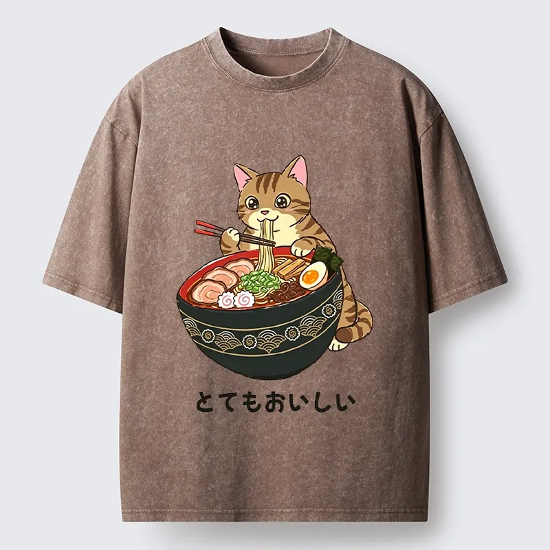 Tokyo-Tiger Cat Eat Delicious Hot Ramen Washed T-Shirt