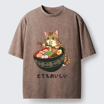 Tokyo-Tiger Cat Eat Delicious Hot Ramen Washed T-Shirt