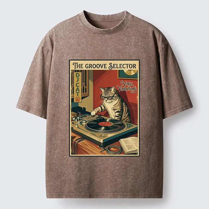 Tokyo-Tiger Retro DJ Cat Vinyl Record Art Washed T-Shirt