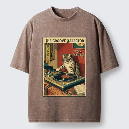 Tokyo-Tiger Retro DJ Cat Vinyl Record Art Washed T-Shirt