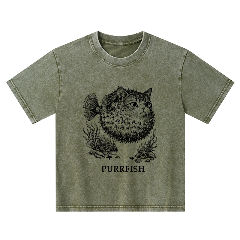 Tokyo-Tiger Spiky Puffer With Cute Cat Head Kids Washed T-Shirt